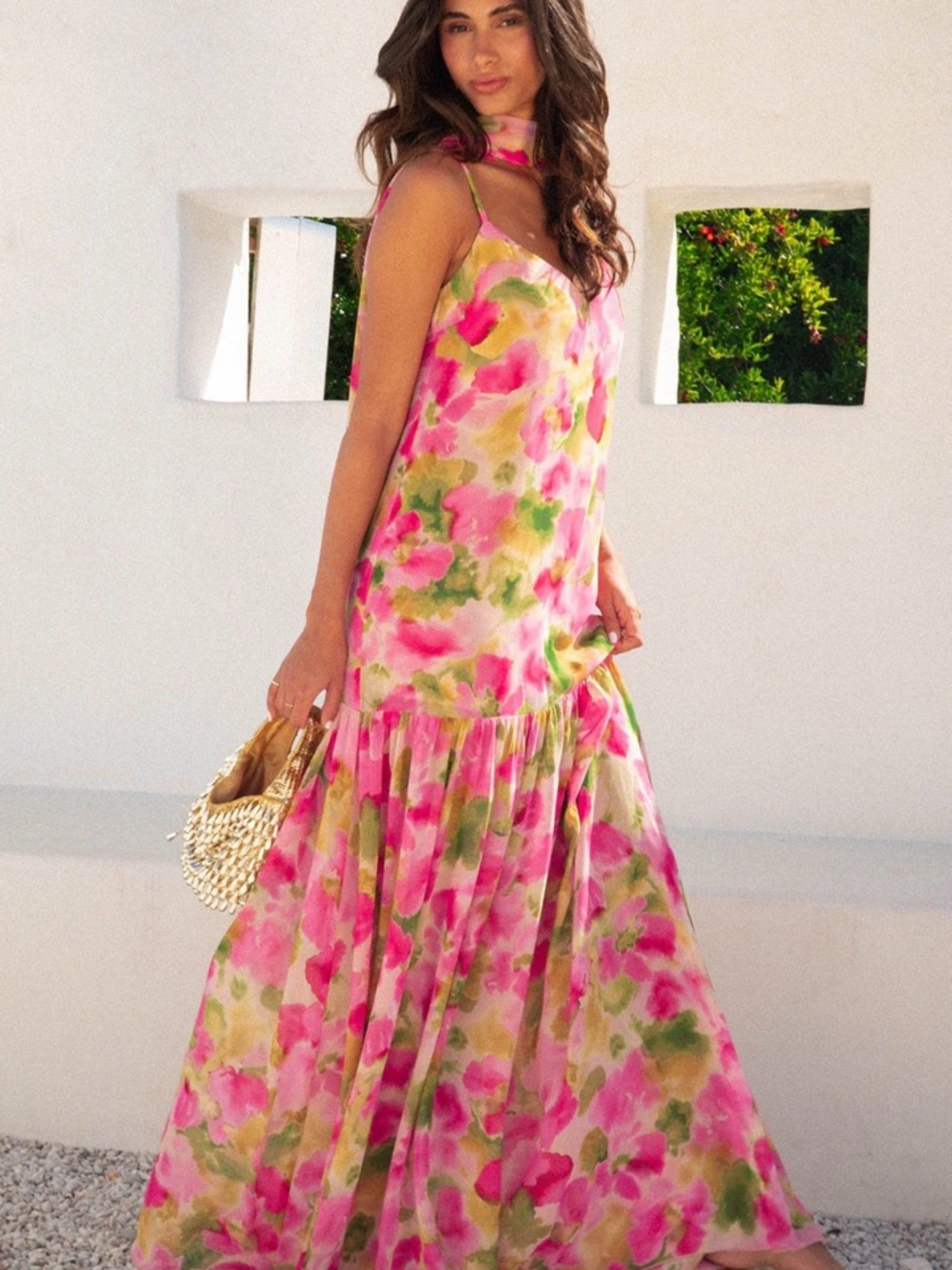 Show Me Your MuMu Pink and Green Watercolor Floral Maxi Dress